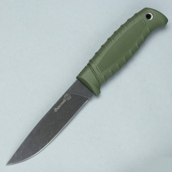 Нож "Финский" (Stonewash чёрный, оливковый эластрон)